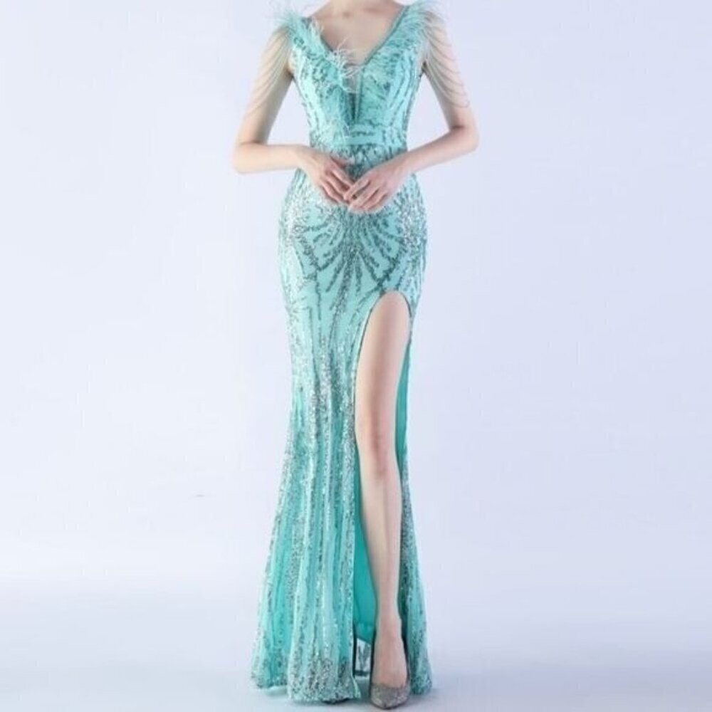 Green,  Geo Print, Ostrich Feather V Neck, Beaded Draped Sleeves Sequined  Gown